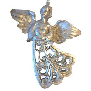 Silver-tone Angel Ornament Holding Heart 4" Tall Scrollwork in Skirt